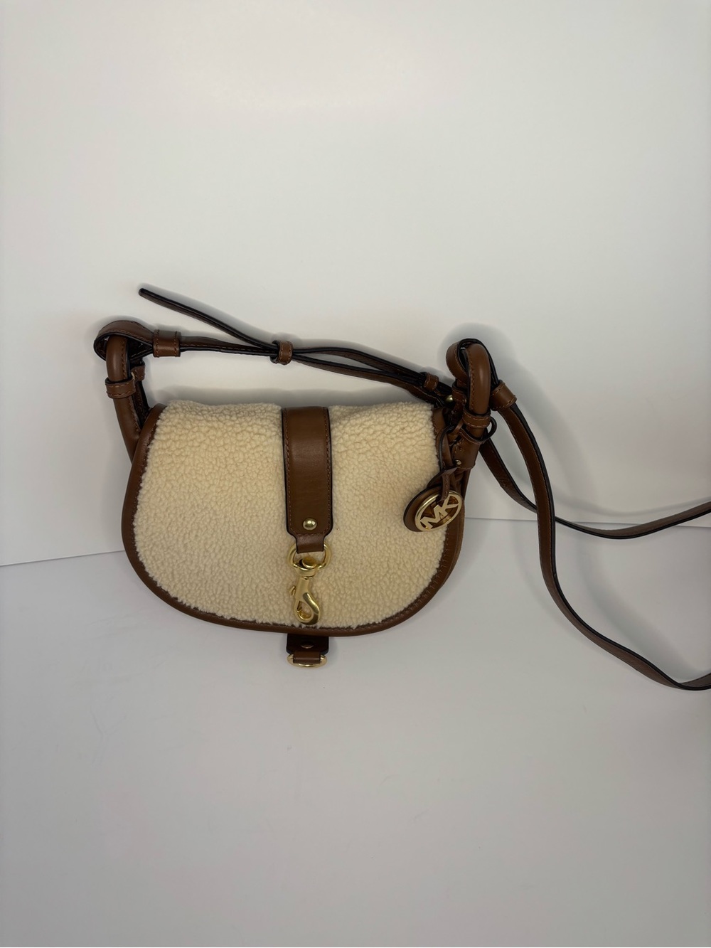 Michael Kors Jamie Cream Shearling Saddle Crossbody with Brown Leather Trim